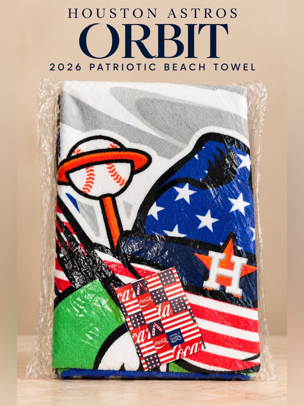 Houston Astros Orbit 2026 Patriotic America 250 Coca-Cola Beach Towel